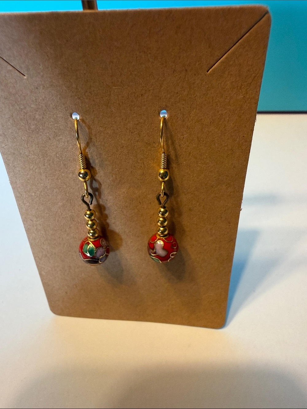 Source Unknown Gold-Tone Red Cloisonné Drop Earrings